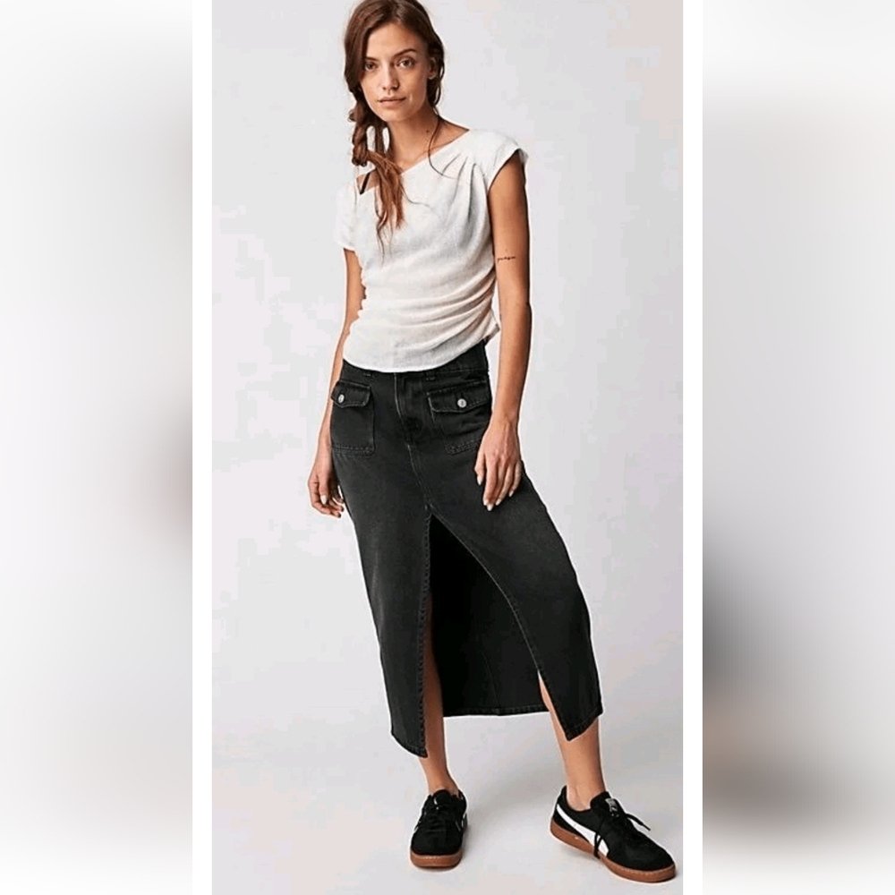 We The Free Madison Denim Midi Skirt Sz 31 Black High Slit NWT MSRP $128